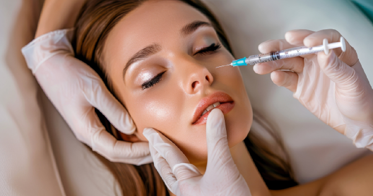 Woman receiving dermal filler injection on her face in Tampa, FL, with a medical professional